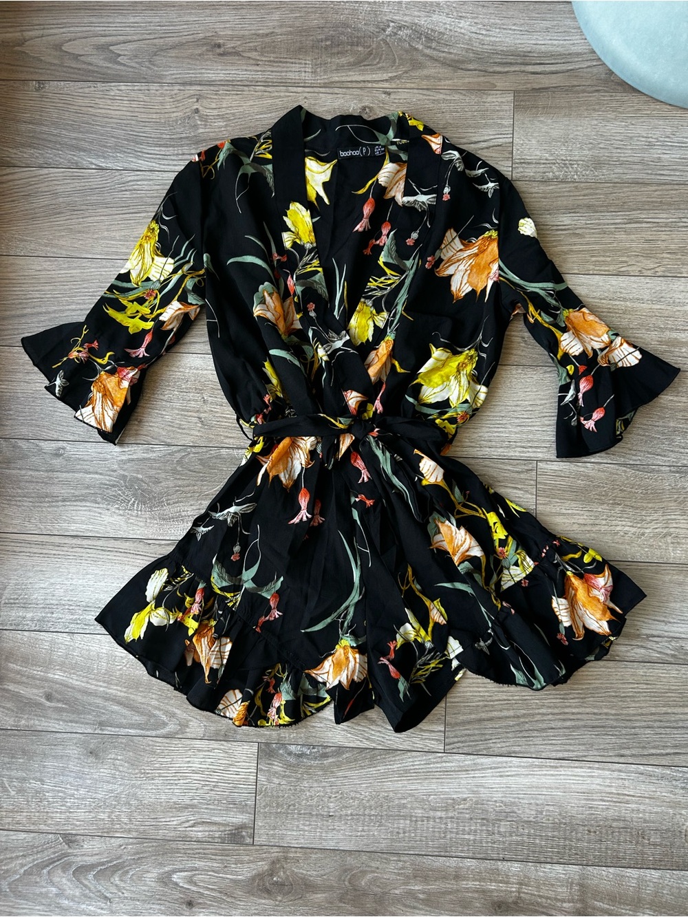Boohoo Black Floral Wrap Romper with Yellow & Orange Blooms